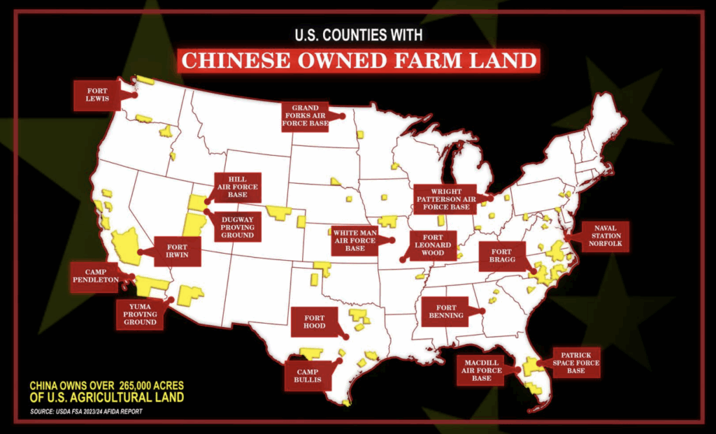 U.S. map highlighting counties with chinese-owned farmland